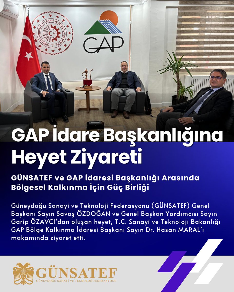 gunsatef's tweet photo. GÜNSATEF Genel Başkanı Sayın Savaş ÖZDOĞAN ve Genel Başkan Yardımcısı Sayın Garip ÖZAVCI, GAP Bölge Kalkınma İdaresi Başkanı Sayın Dr. Hasan MARAL’ı ziyaret etti. Rotalarımız Kalkınma, Hedefimiz Güçlü Sanayi!
@Hasan_maral  @gap_idaresi 
@savasozdgan @garipozavci 
#kalkınma https://t.co/BQsdnoq1rI