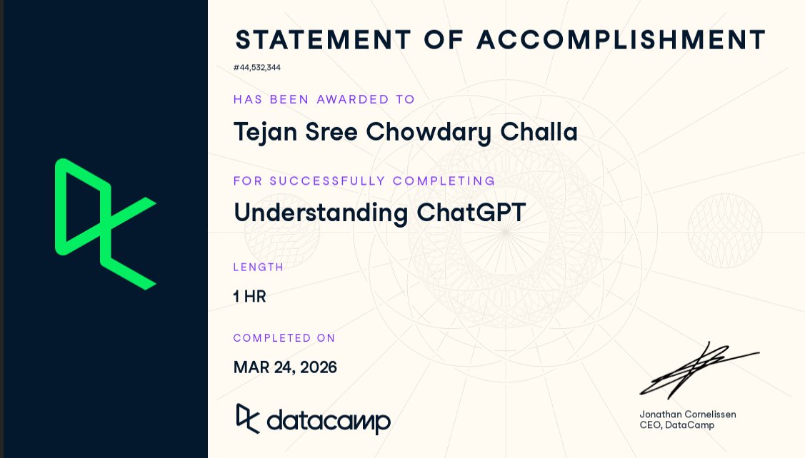 Tejan_Ch's tweet photo. Completed “Understanding ChatGPT” on DataCamp.

Learned how LLMs work, prompt design basics, and real-world use cases.

Exploring more in AI and generative models next. https://t.co/ZALp0WkmPI