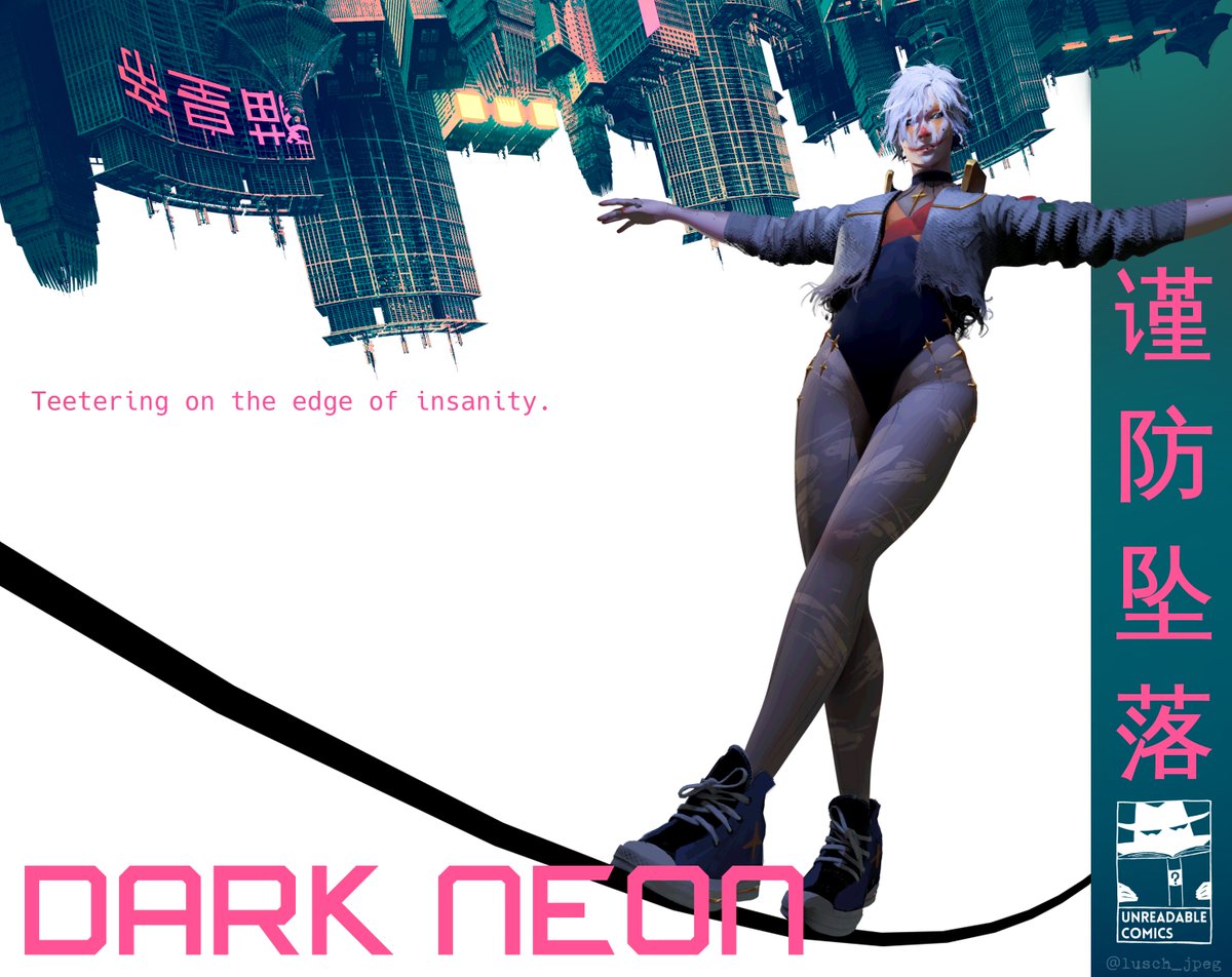 UnreadableComic's tweet photo. Teetering on the edge of insanity...

Join Neon, an ex acrobat, as she descends into a cyberpunk heart of darkness in our upcoming comic: Dark Neon

Art and balance by @lusch_jpeg https://t.co/Y7lRqbUfUk