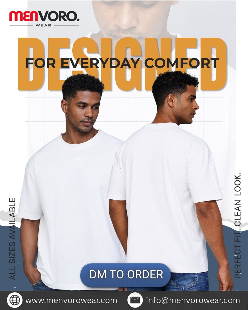 Menvorowear's tweet image. Designed for everyday comfort.
Made with attention to detail.

Perfect fit. Clean look.

Bulk orders open.
Connect with us.

#MenvoroWear #EverydayComfort #MensStyle #MinimalFashion #StreetwearIndia #ComfortFirst #WardrobeEssentials #CleanLook #TshirtStyle #MensFashion