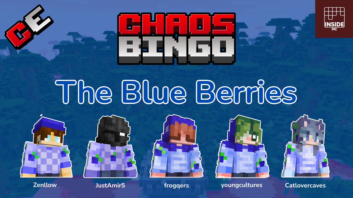 The penultimate team to be announced...

We have The Blue Berries!
- <a href="/Zenllow/">Mike | Zenllow</a> 
- JustAmir
- <a href="/frogqerz/">frogqers🍉</a> 
- <a href="/lostallmeaning/">lex :3 comms 2/3</a> 
- Catlovercaves

Hopefully they won't be feeling too blue at the end of this event! (We're nearly at the end! 😅)

Watch them on Saturday @ 8:20pm BST