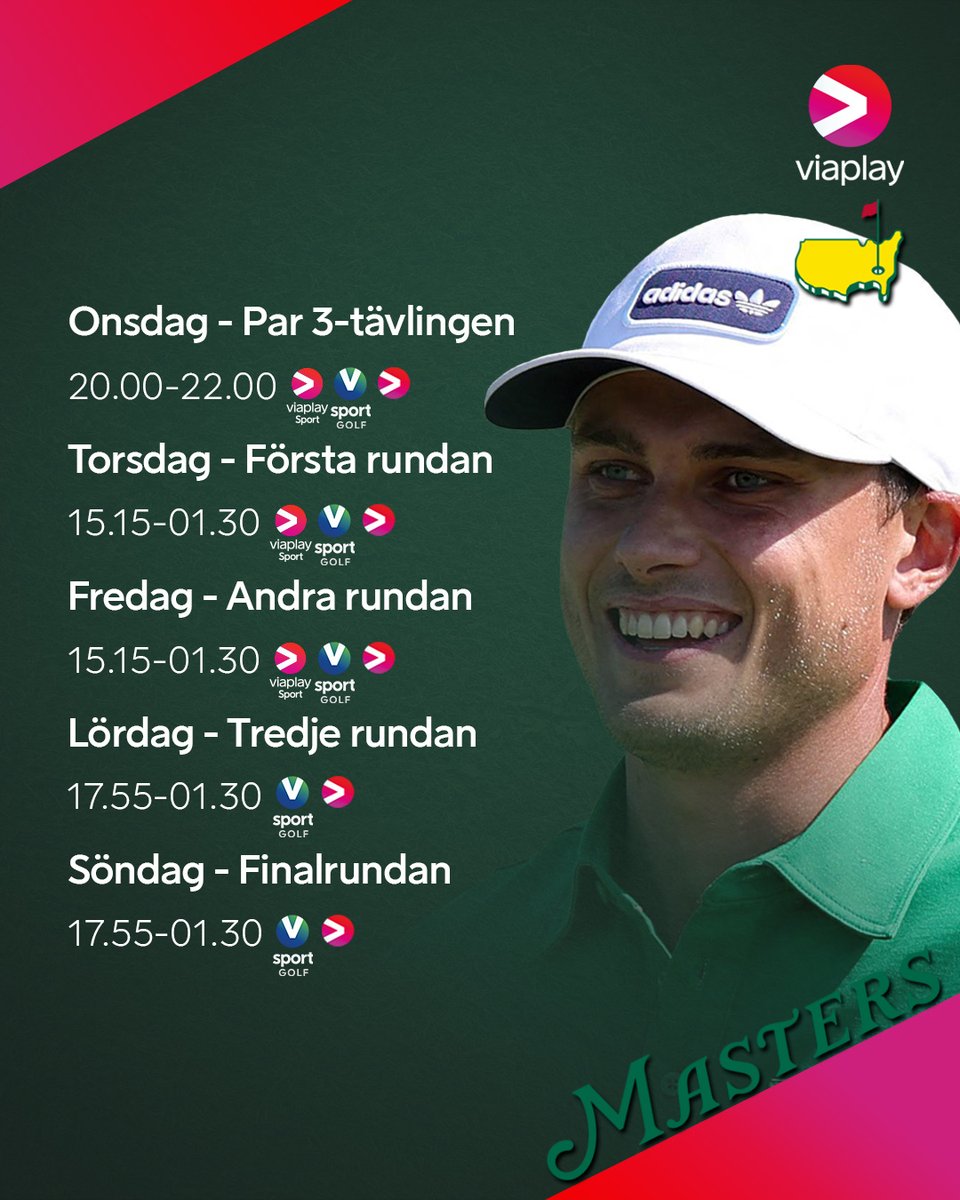 ViaplayGolfSE's tweet photo. Årets bästa vecka är äntligen här! 😍

📺 Följ allt från Masters 2026: Featured Groups, Amen Corner, Hål 15 &amp; 16 och Masters On The Range på Viaplay https://t.co/vvJdcCTTKS