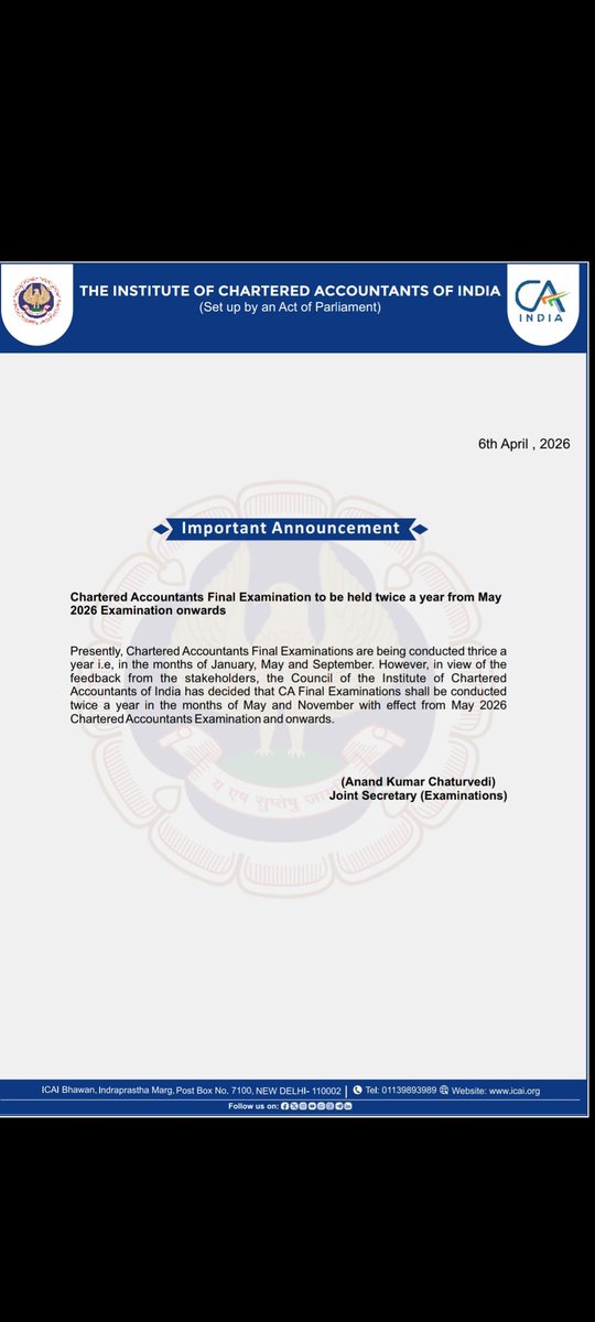 DeepakKumar060's tweet photo. It feels like the #icai just wanted to give #castudents a onetime #Diwali moment of happiness.😭😭💣
Again- May and Nov.
#caexams #exams #icaiexams #castudents #icai https://t.co/4844WFve07