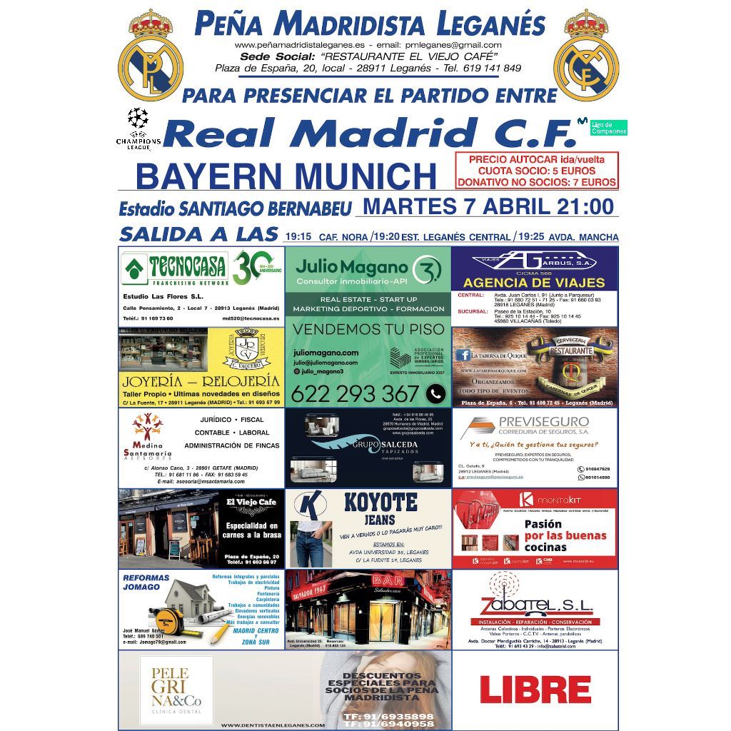pmleganes's tweet photo. 🏟️REAL MADRID C.F. - BAYERN MÚNICH
🚌Nuestra próxima salida hacia el Santiago Bernabéu
📅7/4/2026
🕘Salida del autobús: 19:15
⚽Comienzo del partido: 21:00
#PeñaMadridistaLeganés
#VeteranosYNoveles
#HalaMadridYNadaMás https://t.co/DTeSewZBp7