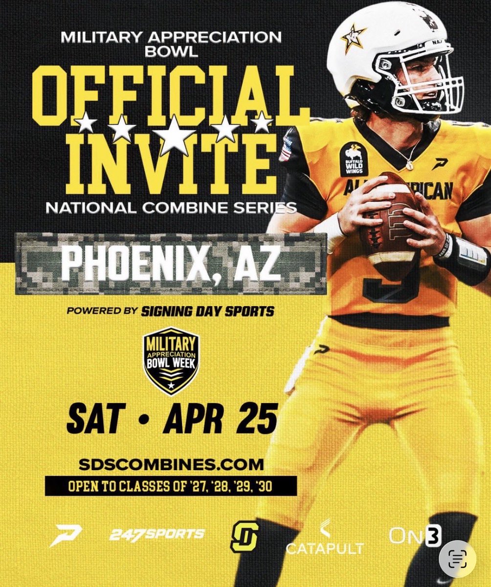 Honored to receive an invite to the Military Appreciation Bowl Combine in Phoenix. Thank you Coach Hecklinski for the opportunity — ready to compete. 💪🏈