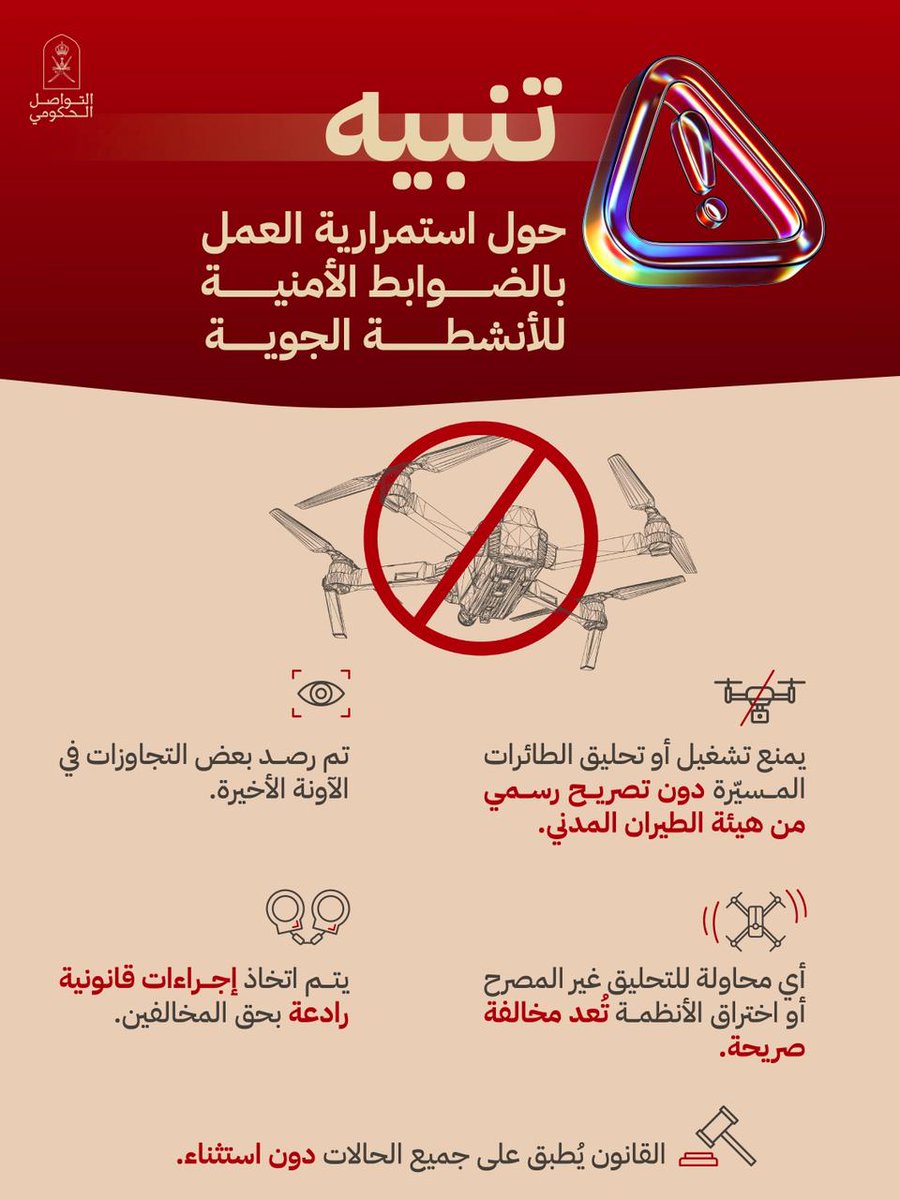 samya_sw's tweet photo. يُنبه الجميع بضرورة الالتزام التام بالضوابط الأمنية المنظمة لتشغيل الطائرات المسيرة (الدرونز) وتجنب أي ممارسات مخالفة.الأمن مسؤولية مشتركة.. فلنحافظ على سلامة وأمان الوطن

#عمان_أرض_السلام https://t.co/z2BPVRZptz