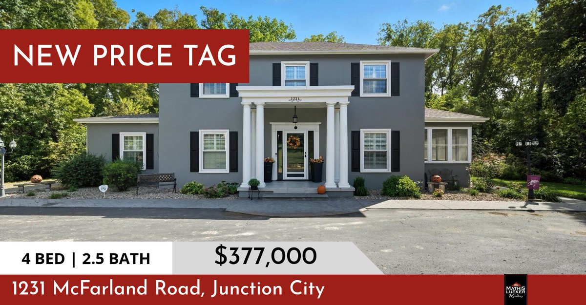 New Price Tag for this 4-bed, 2.5-bath home. Reach out to Staci at (785) 223-1308 for more information and to set up a showing before it's gone!

Mathis Lueker REALTORS
785-762-3400
809 S. Washington St
Junction City KS 66441 homeforsale.at/1231_MCFARLAND…