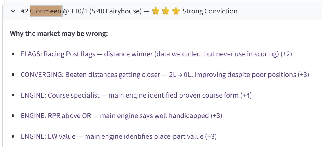 Profit_Brain1's tweet image. Reviewing the model now and found that Clonmeen flagged earlier at a huge price. Went off at 40s and won..

#Tips #AI #Trading #Horseracing