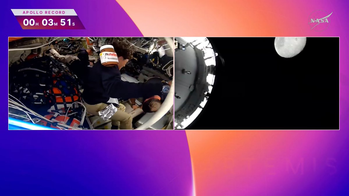 beck_werth's tweet image. Did anybody else LOL at the Nutella container floating around inside the Orion spacecraft as they're minutes away from breaking the Apollo distance record?

Godspeed, Artemis II!