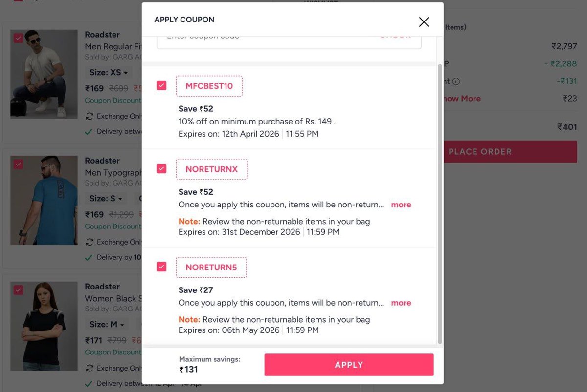 Myntra Loot Add 3 qty &amp; Apply all code

MFCBEST10
NORETURNS5
NORETURNSX

myntr.store/s/mbr7saa
myntr.store/s/pgf2ppi
myntr.store/s/l2n9u9v
myntr.store/s/1g7dpep
myntr.store/s/3z7llmw
