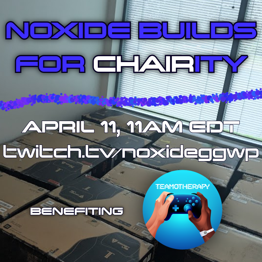noxideggwp's tweet photo. Hey X! We've got a lot of chairs from our friends over at @secretlabchairs to build, and we're inviting you to help us benefit a great cause while we do it. We're partnering with @Teamo_Therapy to put on our first and only CHAIRity stream on April 11th! Mark your calendars🪑🎮❤️ https://t.co/CmCCD2oTiD