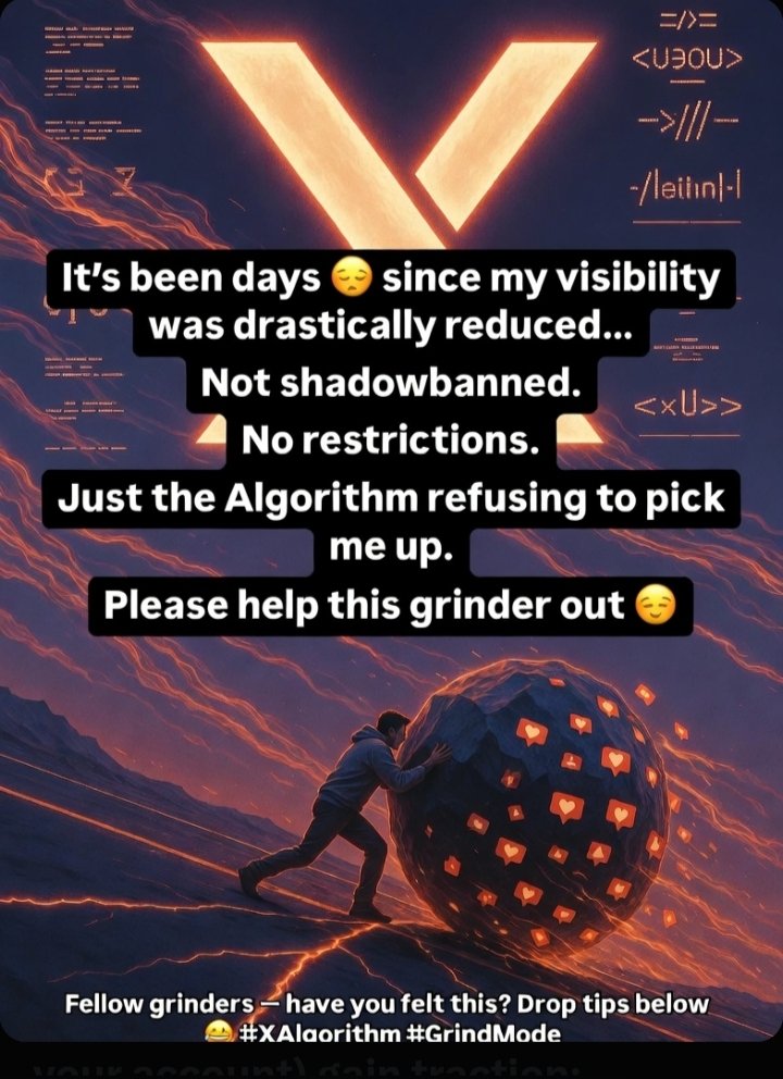 Hi everyone 👋 

It's been days 😔 since my visibility was drastically reduced 

Am not shadowban,  am not ghost ban, not search ban, not even reply  deboosting am on no restriction .

I have reduced my activities in some days, I have done all I can but up to now the Algorithm