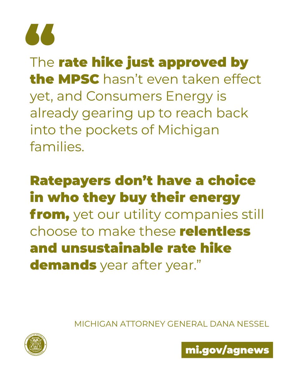 MIAttyGen's tweet photo. Today, @miattygen Dana Nessel reaffirmed her commitment to protecting ratepayers, pledging once again to intervene in all major rate cases before the Michigan Public Service Commission (MPSC). Read more at https://t.co/w21EWF6Z7G https://t.co/B16QdEuwPZ