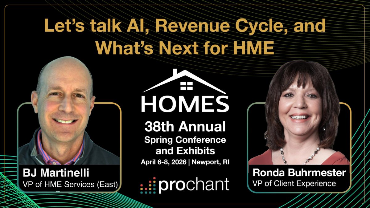 prochant's tweet image. Attending the HOMES 38th Annual Spring Conference?
Visit Prochant to connect with @bj_mart  &amp;amp; @RondaBuhrmester  on AI, RCM, and what’s next for HME.

#AI #RCM #RevenueCycleManagement #HME #DME #HomeMedicalEquipment #MedicalBilling #HOMES2026