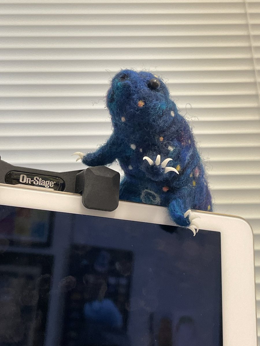 markowenmartin's tweet photo. My needle felted tardigrade ("Blue Starri Tardi") looks down on me from my computer monitor, reminding me with porcelain claws to catch up on work. #MicrobialArt #MicrobialEvangelist #MicrobialCentricity @univpugetsound @asmicrobiology @profvrr https://t.co/pwvMoyRMds
