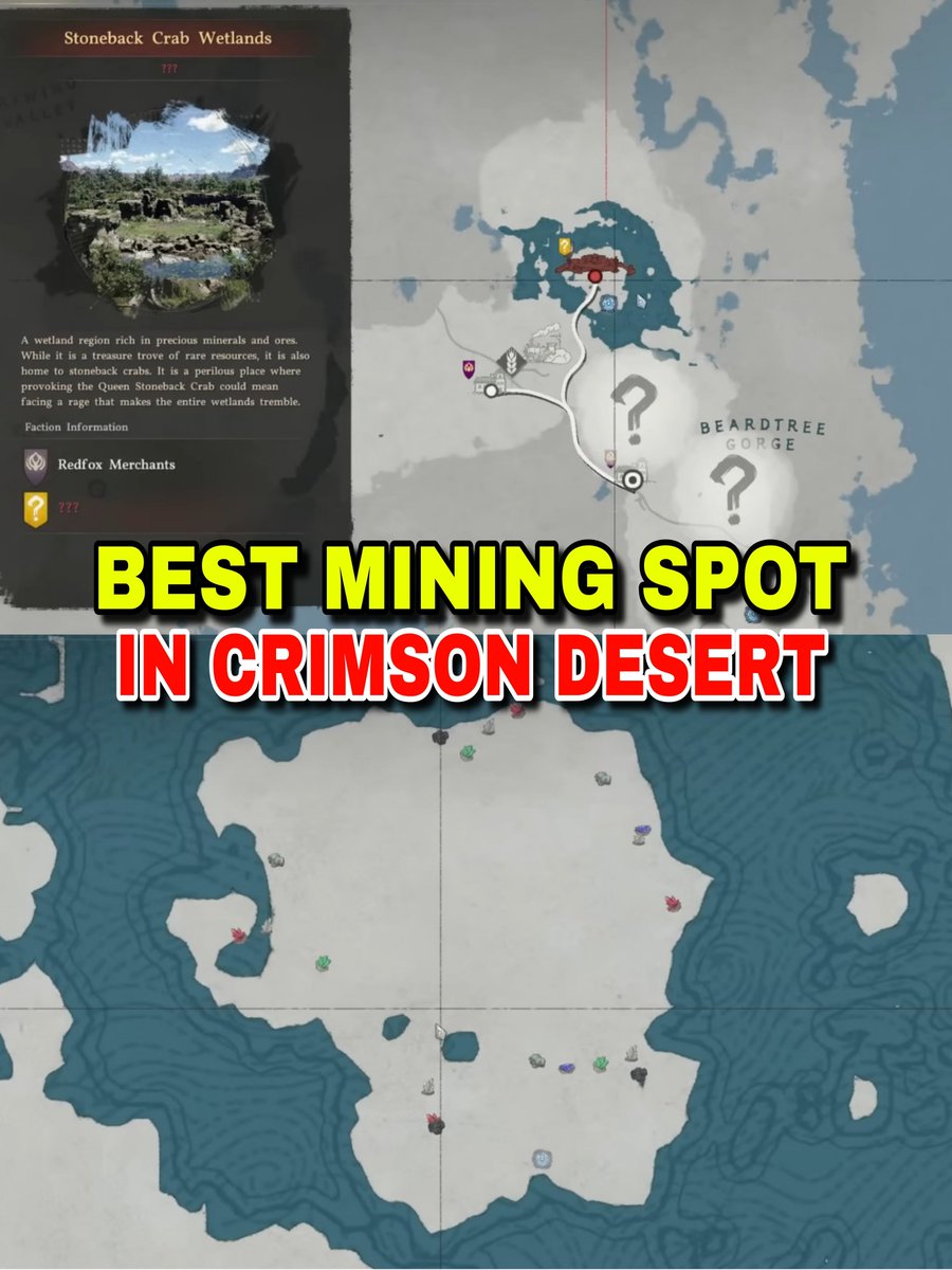 TheRealZephryss's tweet photo. Crimson Desert Tips & Tricks #69

Go to this island called Stoneback Crab Wetlands in the Delesyia region, situated above the main city and close to Beardtree Gorge. It is one of the best ore farming spots, as it contains a high density of almost every essential material in the game. Bloodstone is the only material not found on this island.

The ores here refresh every 7 in-game days, so get to this location as early as possible and bring a fully upgraded Mining Knuckledrill to maximize your loot. You will also find the Crab boss here. Defeat it first to freely mine ores on the island.