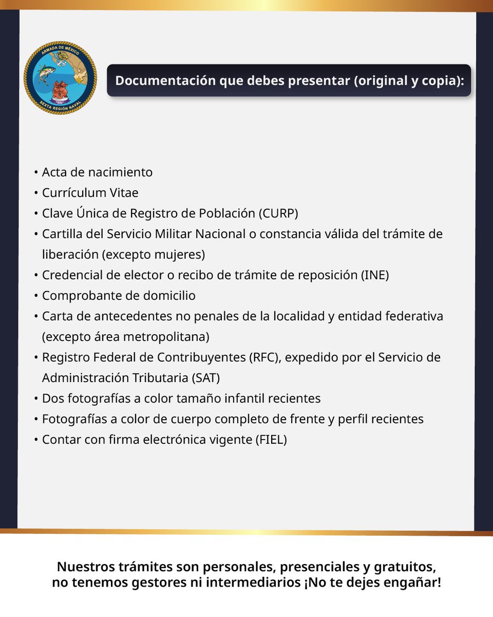 SEMAR_mx's tweet image. ¿Tienes vocación de servicio, disciplina, amor por tu país y estás buscando trabajo?

Esta es tu oportunidad de servir a México desde el mar, el aire o la tierra.

Las contrataciones están abiertas en la Sexta Región Naval, con sede en #Manzanillo, #Colima.

Consulta los