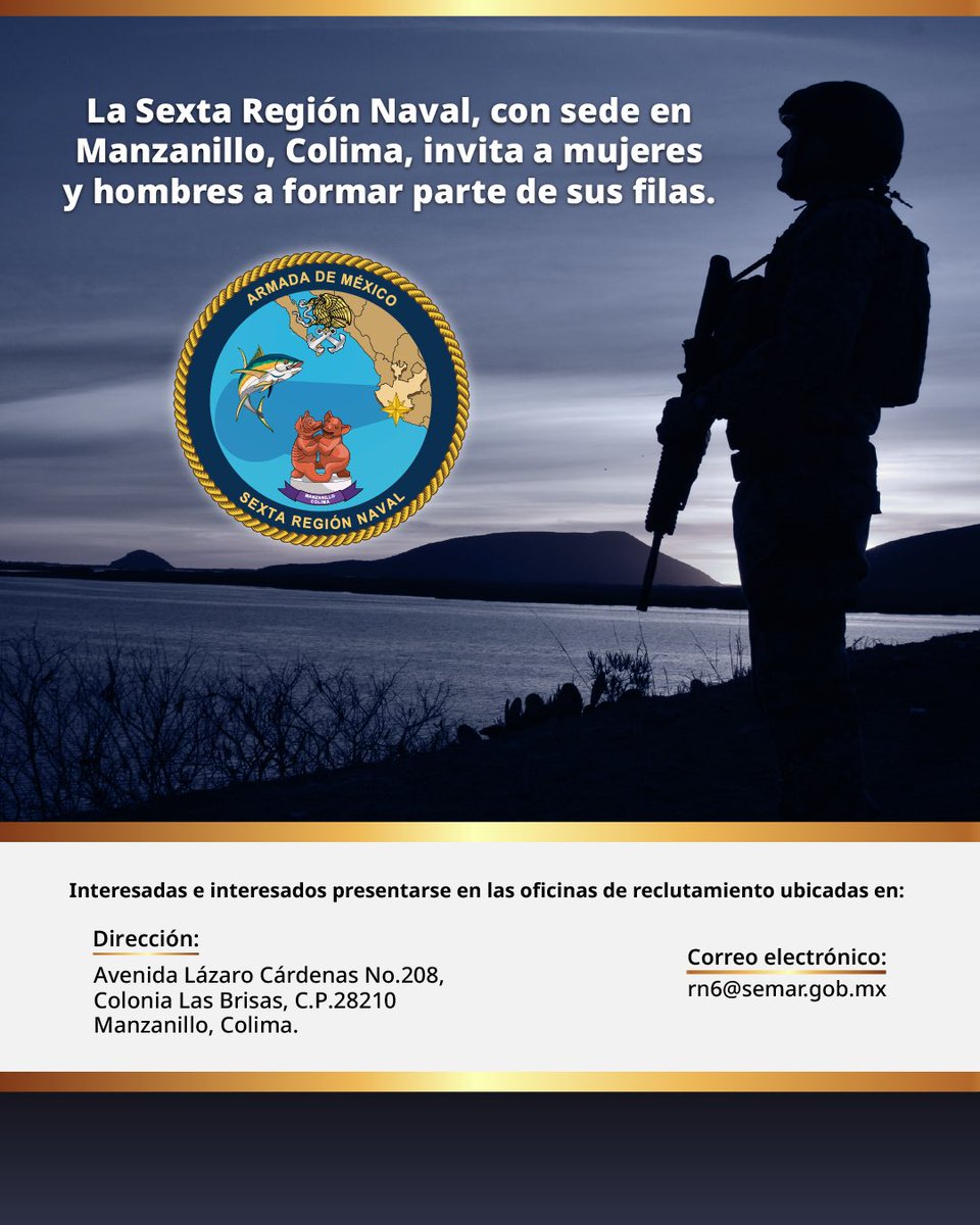SEMAR_mx's tweet image. ¿Tienes vocación de servicio, disciplina, amor por tu país y estás buscando trabajo?

Esta es tu oportunidad de servir a México desde el mar, el aire o la tierra.

Las contrataciones están abiertas en la Sexta Región Naval, con sede en #Manzanillo, #Colima.

Consulta los