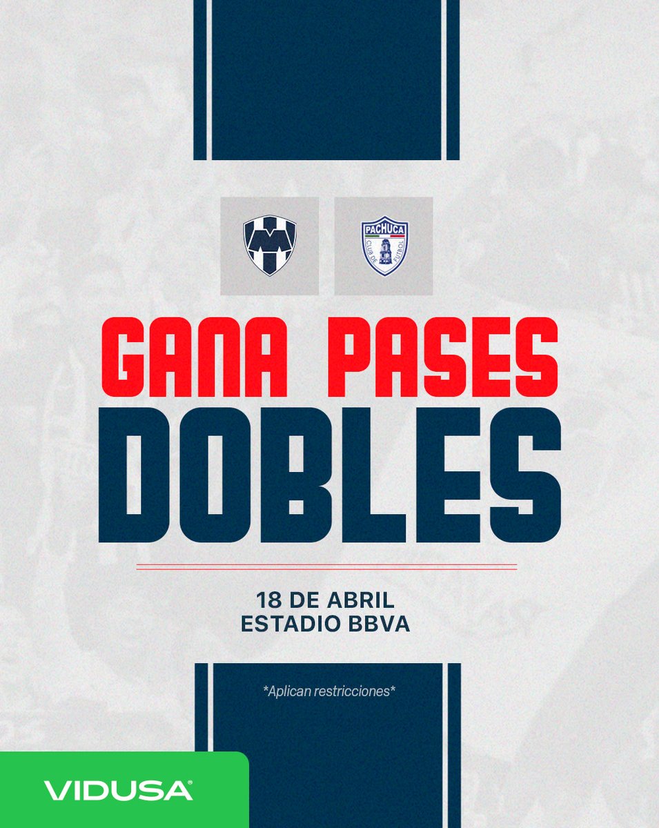 GIVEAWAY ‼️ Gana uno de dos pases dobles para el partido Rayados vs Pachuca

Participa así:
* Like al post
* Sigue a <a href="/vidusacasas/">VIDUSA</a>
* Etiqueta a un amigo (cuentas reales)

Se cerrará el sorteo y se eligirá al ganador un día antes del partido.