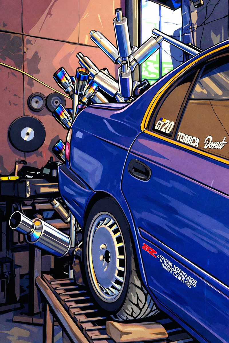 AnthonyNekoGT's tweet photo. Had my #hkssuperdrager exhaust installed earlier. So here are some in pop art/anime style version from #chatgpt using the pictures I took earlier. #grupotoyota #ae101 #corolla https://t.co/MVzkknbHv9