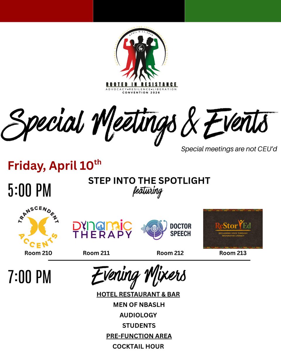 NBASLH's tweet photo. You know we had to be a little extra this year! 👀✨
Take a look at our special meetings and events and make sure they’re on your schedule!❤️🖤💚💛

#NBASLH #NBASLHleads #BlackSLP #BlackAud #SLP #Aud #SLP2b #Aud2b #Asha #nationalnsshla https://t.co/XDaGXw6ysG