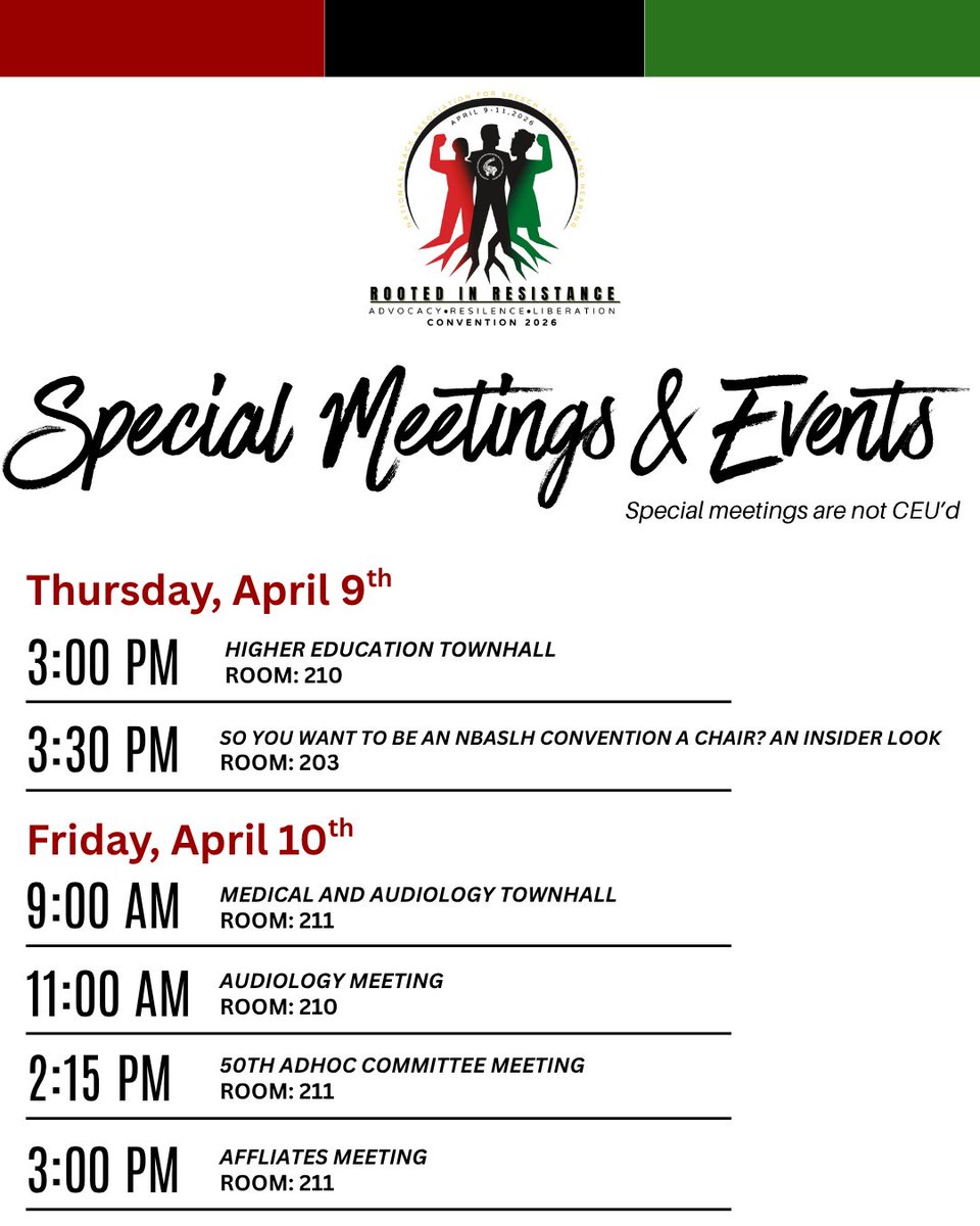 NBASLH's tweet photo. You know we had to be a little extra this year! 👀✨
Take a look at our special meetings and events and make sure they’re on your schedule!❤️🖤💚💛

#NBASLH #NBASLHleads #BlackSLP #BlackAud #SLP #Aud #SLP2b #Aud2b #Asha #nationalnsshla https://t.co/XDaGXw6ysG