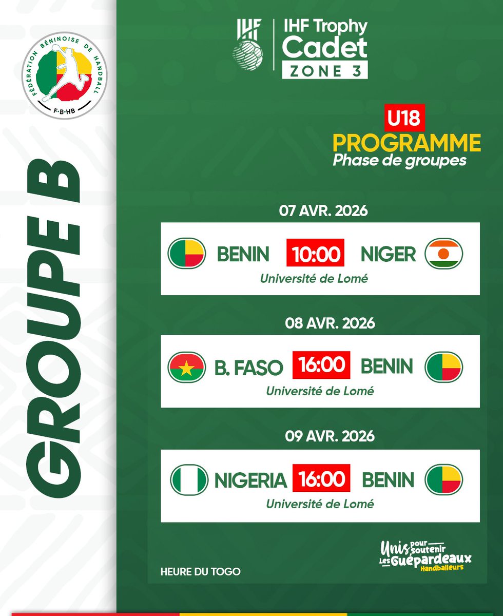 FbHandball's tweet photo. 🚨 𝗜𝗛𝗙 𝗧𝗥𝗢𝗣𝗛𝗬 𝗠𝗔𝗦𝗖𝗨𝗟𝗜𝗡𝗦, 𝗟𝗢𝗠𝗘́ 𝟮𝟬𝟮𝟲 

Programmes des U18 (Cadets) et des U-20 (Juniors) du Bénin 🇧🇯 

#Handball 
#TeamBenin
#IHFTrophy https://t.co/HtBIMn9eZI