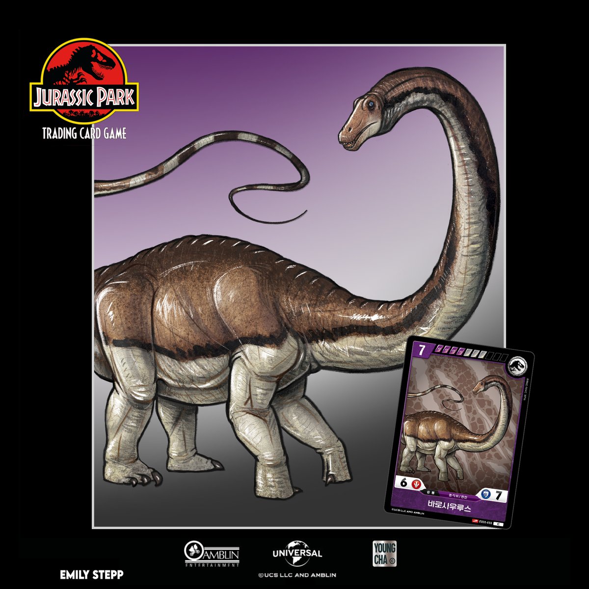 My next official artwork for the Jurassic Park TCG EX-01 ''Raptor Strike'' I'm sharing is the sauropod dinosaur Barosaurus, based on its Jurassic Park Institute appearance.