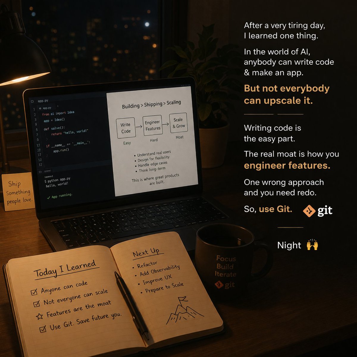 After a very tiring day , I learned one thing!

In the world of AI , anybody can write code &amp; make an app but not everybody can upscale it. 

Writing code is the easy part , the real moat is how you engineer features.

One wrong approach and you need redo , so use git

Night 🙌