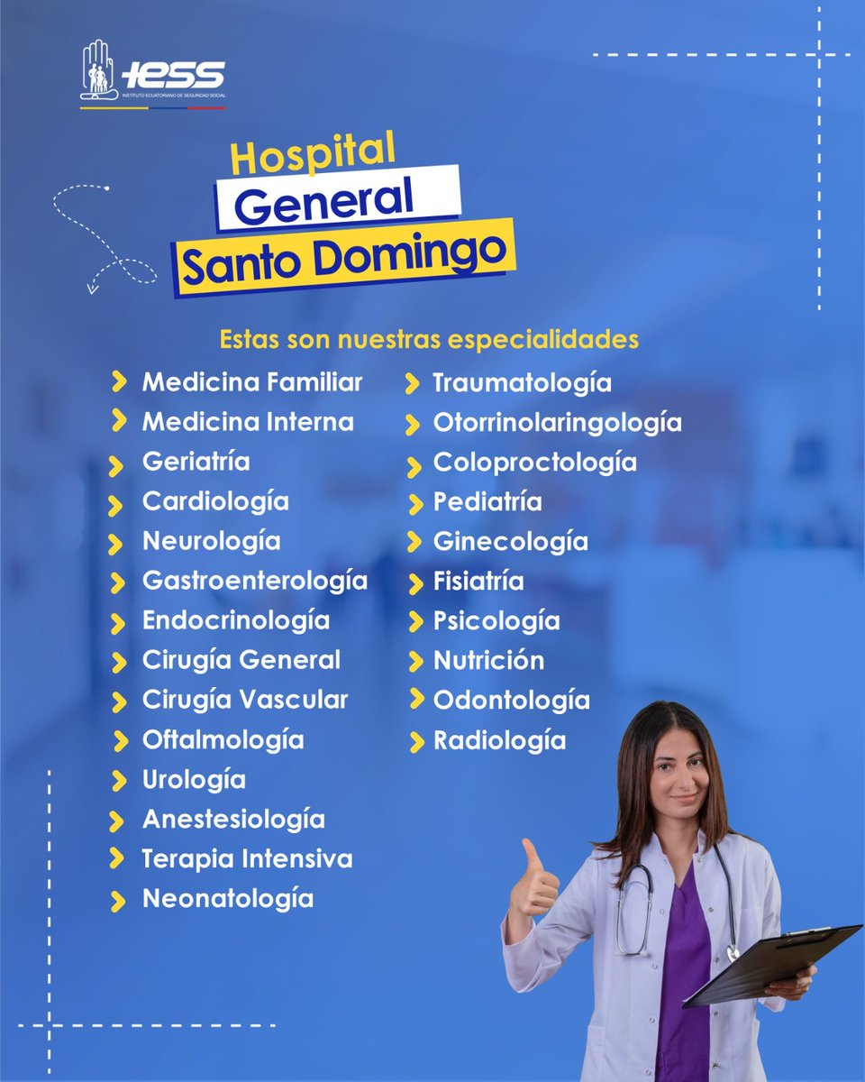IESSStodomingo's tweet photo. En el 🏥 Hospital General @IESSStodomingo contamos con una amplia cartera de especialidades médicas para brindarte atención integral y de calidad en cada etapa de tu vida.

Cuidamos de ti y tu familia con profesionales capacitados 👩‍⚕️🧑‍⚕️ https://t.co/YgzvC79vBp