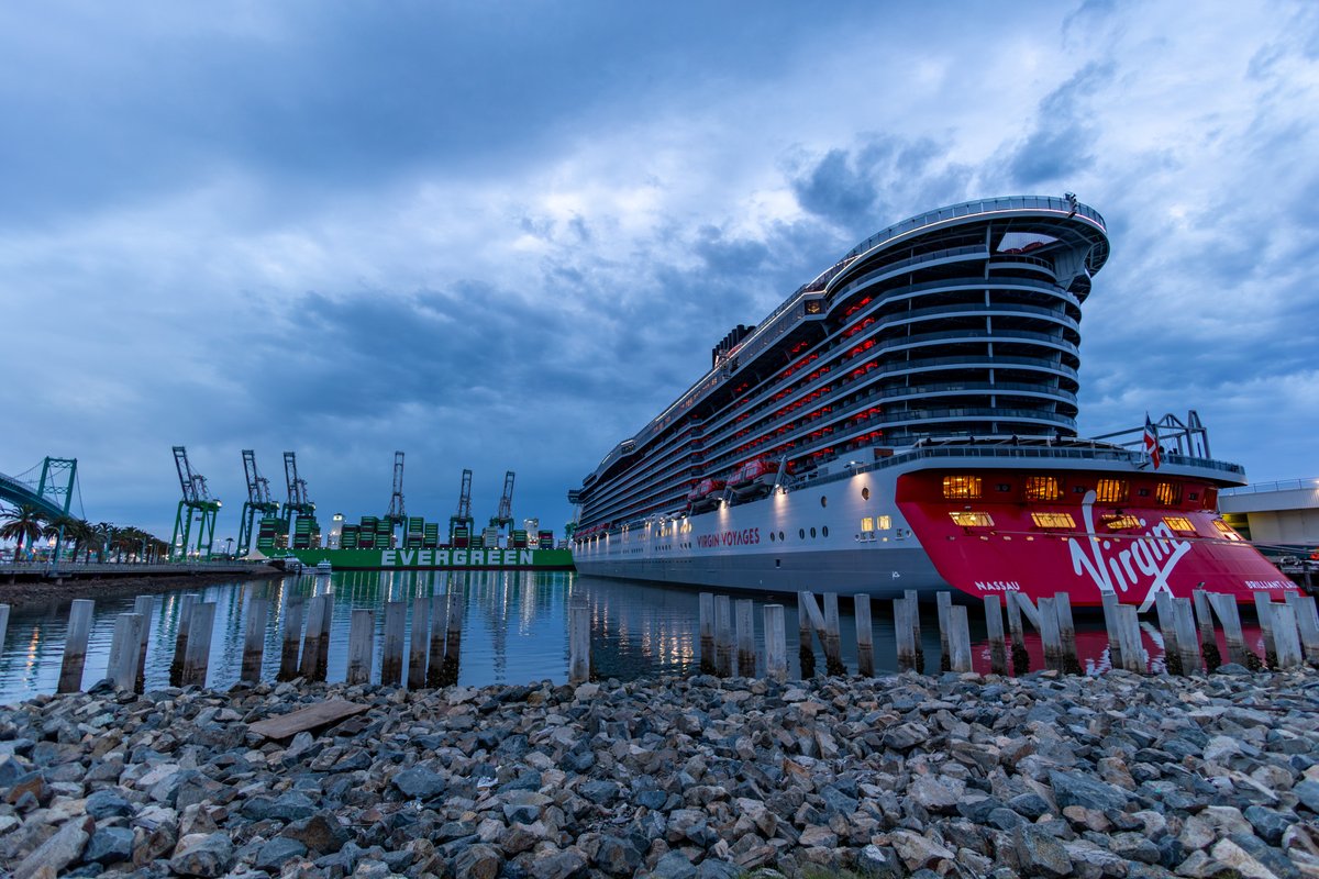 PortofLA's tweet photo. For the first time ever, @VirginVoyages today kicked off a brand-new West Coast itinerary sailing from the Los Angeles Cruise Terminal, with its newest ship, Brilliant Lady, making the Port of Los Angeles its homeport this spring. https://t.co/8HU3R6N0On