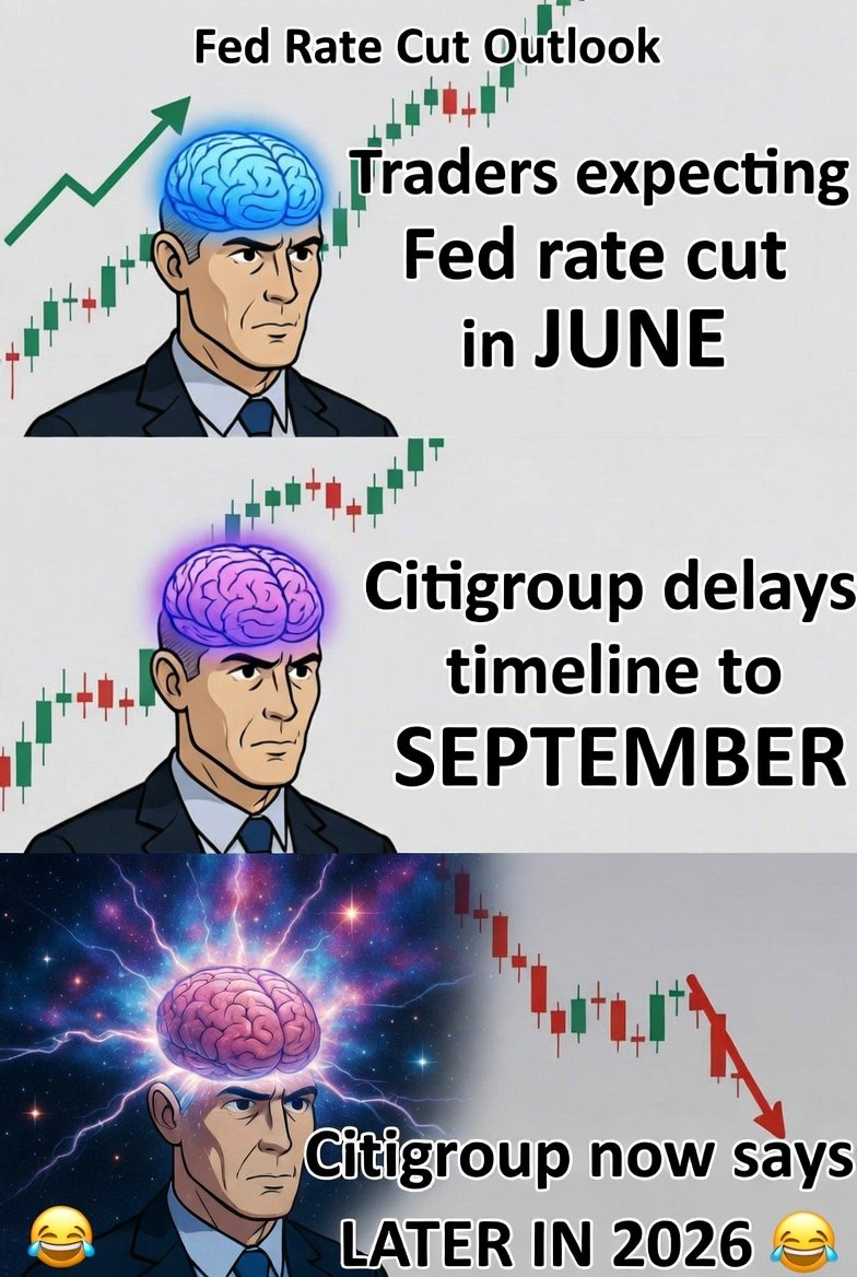 AhmadOG_Crypto's tweet photo. 📢 Citigroup Delays Fed Rate Cut Outlook from June to September!Traders reduce near-term easing ahead of Fed April meeting. The bank now expects cuts later in 2026.#FedRateCut #Citigroup #FOMC #Economy #Markets #Fed https://t.co/PyYq0oG9p7