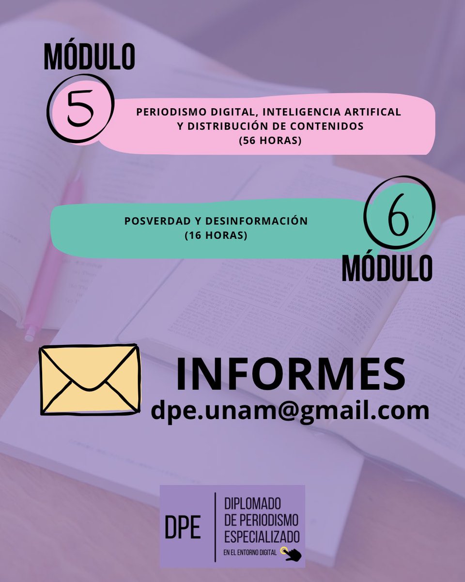 ¿Qué temas veremos en el DPE? 👀

👉🏽Conoce los módulos que impartirán especialistas y periodistas en activo a lo largo de 60 sesiones.

💻 Te puedes inscribir en modalidad Actualización o Titulación. ¡Empezamos el 24 de abril!

📩 Informes al correo dpe.unam@gmail.com