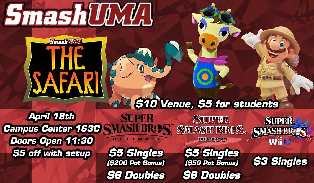 SmashUMA's tweet photo. Hello everyone!!! We have more info with The Safari coming up April 18th! 

We are pleased to announce that we will be having carpool stipends, with more info in the replies.

Also, for every 10 RTs this post gets, we'll raffle away 1 free venue ticket! 

Pre-reg in replies https://t.co/zuRR5qzixT
