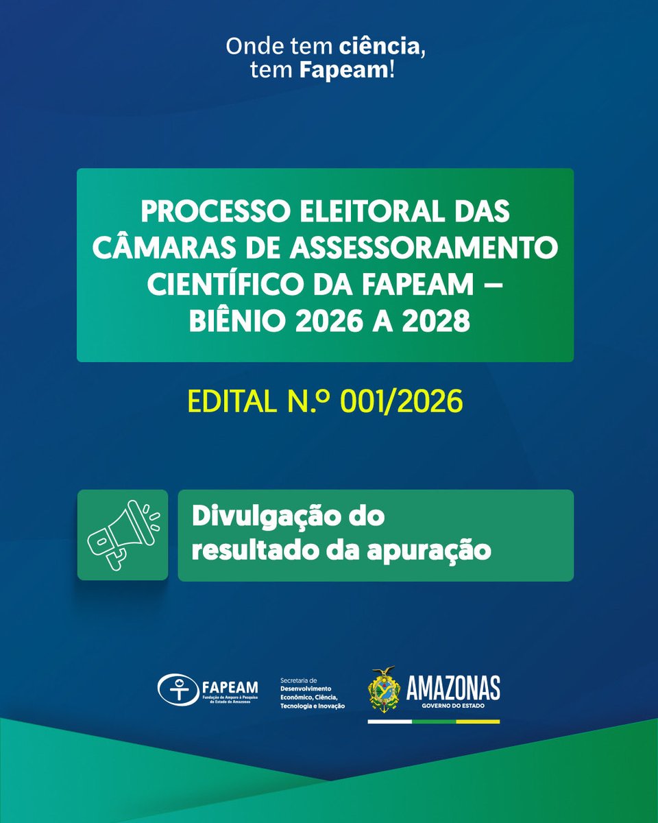 A Fapeam divulgou, nesta segunda-feira (6/4), a lista do resultado de apuração dos votos do Processo Eleitoral das Câmaras de Assessoramento Científico da Fapeam – Biênio 2026 a 2028, conforme o Edital nº 001/2026 – CD/Fapeam.

📲 Saiba mais em: fapeam.am.gov.br