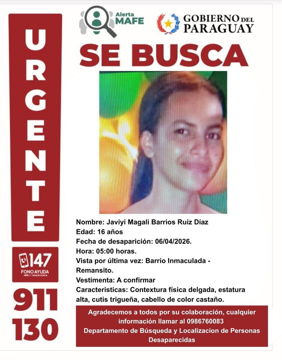 📌Ante cualquier información, contactar con el Departamento Especializado en Búsqueda y Localización de Personas Desaparecidas al 130 o al 911 de la Policía Nacional del Paraguay.

<a href="/MDI_Paraguay/">Ministerio del Interior - Paraguay</a>