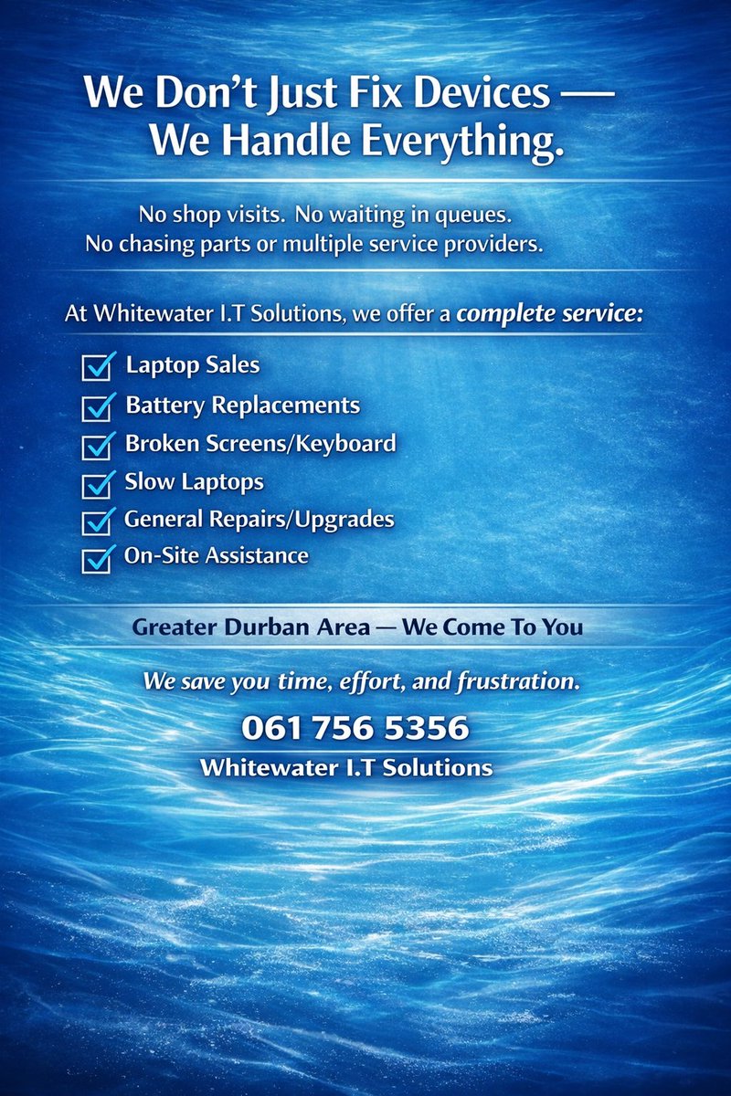 whitewater_it's tweet photo. We don't just fix devices. We handle everything. We save you hassle, time, money and give you convenience.
#durbanitsupport https://t.co/fqMzkj181Q