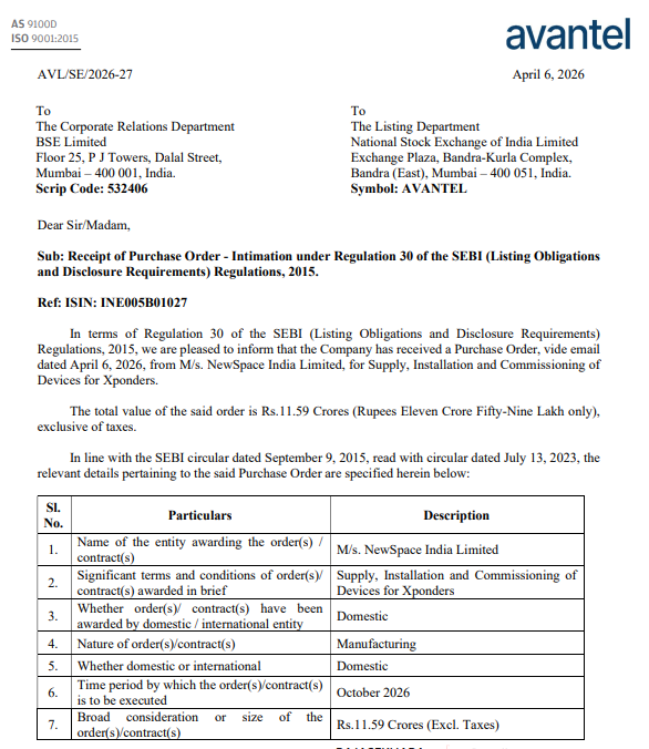 vluxeinvests's tweet image. 📡 Avantel Ltd wins ₹11.59 Cr order from NewSpace India Ltd

👉🏻 Client: NewSpace India Ltd (NSIL)
👉🏻 Order value: ₹11.59 Cr (excl. taxes)
👉🏻 Scope: Supply, installation &amp;amp; commissioning of Xponder devices
👉🏻 Timeline: Execution by October 2026
 #AVANTEL #Defence #SpaceTech