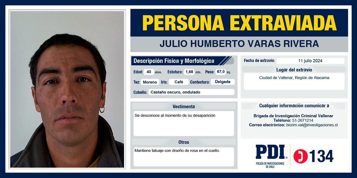 PDI_CHILE's tweet photo. ⭕️Ayúdanos a encontrar a: Julio Humberto Varas Rivera, extraviado desde el 11 de julio de 2024, en la ciudad de Vallenar, Región de Atacama.
Más detalles en: https://t.co/B2QB8b6v7G https://t.co/1S8gZWh7xd