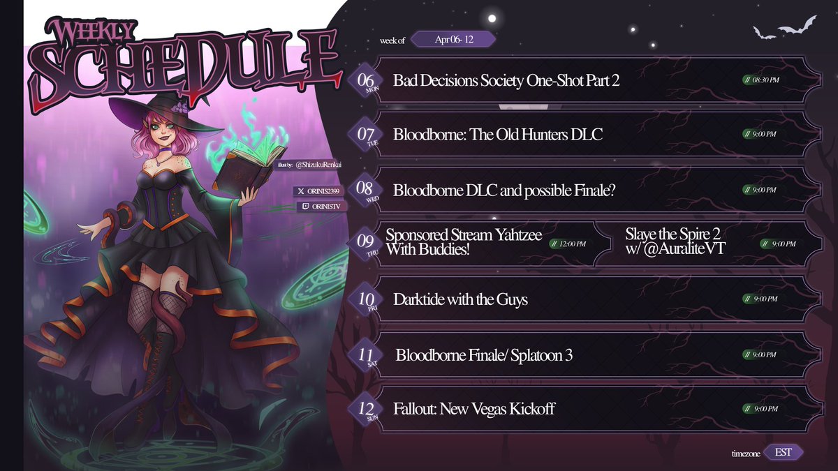 My final week of freedom is going to be my most ambitious streaming week yet. Finishing our Call of Cthulhu one shot, Finishing Bloodborne, a new sponsored stream game, and the one I am looking forward the most to- my first collab stream with the lovely <a href="/AuraliteVT/">Auralite🐉 | Debut 05.30</a> playing StS2!