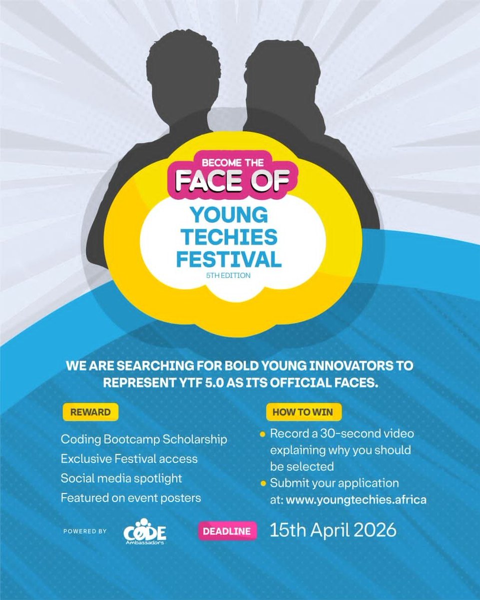 kirfoundation's tweet photo. #OpportunityMonday! 💻🚀
Are you a young tech enthusiast or the parent of one?
Young Techies Festival (YTF) by @codeambassadors, now open for ages 8–17.
Benefits:
🔹Face of YTF
🔹A coding scholarship
🔹Get featured!
#ApplyNow: https://t.co/PUW0JGn65t
#YTF2026 #YoungTechies https://t.co/cBysgGaqVo