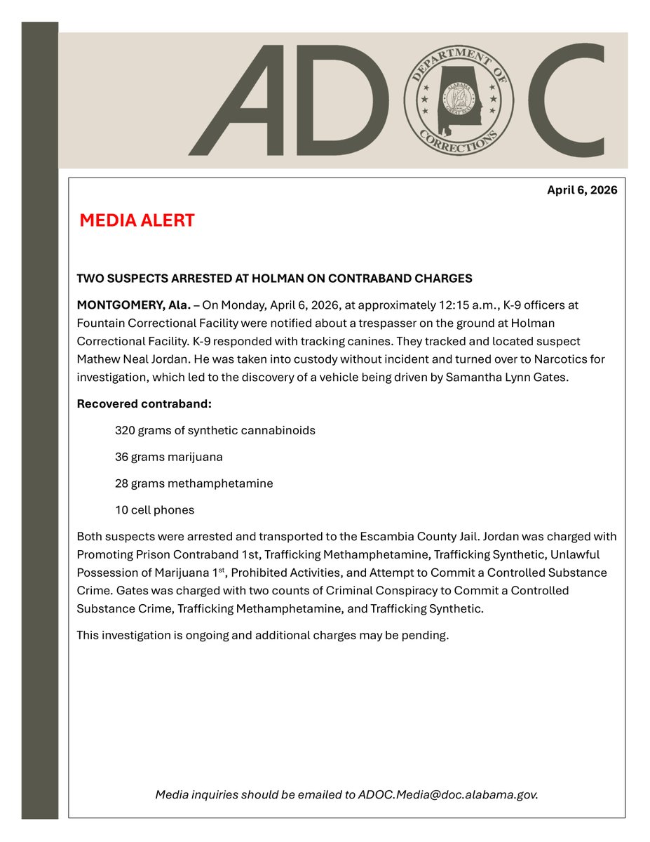 ALCorrections's tweet image. April 6, 2026 - K-9 officers at Fountain C.F. were notified about a trespasser on the ground at Holman Correctional Facility. K-9 located and arrested Mathew Neal Jordan. An investigation by the Narcotic Unit led to the arrest of by Samantha Lynn Gates. Click for more info. #ADOC