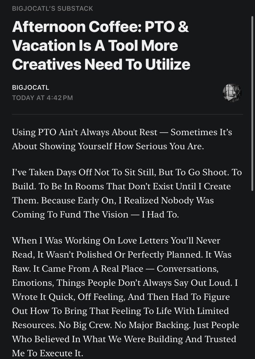 BigJocATL's tweet photo. Off This Week So I’m Doing A Series On Substack Called Afternoon Coffee Discussing Creative Challenges I’ve Had To Overcome Over The Years. Today Article Is About Using PTO As A Weapon Not An Escape. Read + Subscribe! Much Love 💙

https://t.co/1FB3LwEROW https://t.co/hjIk9WhVWm