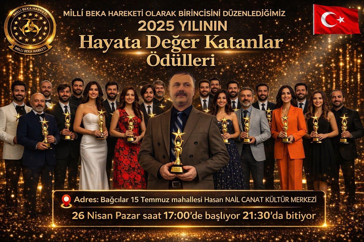 Milli Beka Hareketi Genel Merkezi olarak ilki organize edilecek olan 2025 YILININ HAYATA DEĞER KATANLAR ÖDÜL TÖRENİNE tüm dostlarımız bekliyoruz.  
Mili Beka Hareketi Genel Başkanı 
Ali Çoban
#MilliBekaHareketi