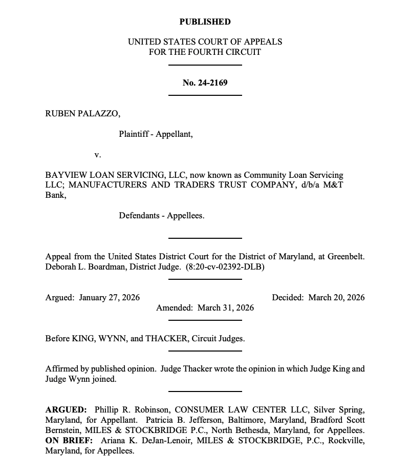 benakech's tweet photo. How many letters are too many? Judge Thacker writes that automated monthly statements and requested payoff docs don't violate the automatic stay or FDCPA when they include clear bankruptcy disclaimers. The 4th Cir. finds these are informational, not "debt collection." Read the full decision here: https://t.co/vyB3lTG8Nz