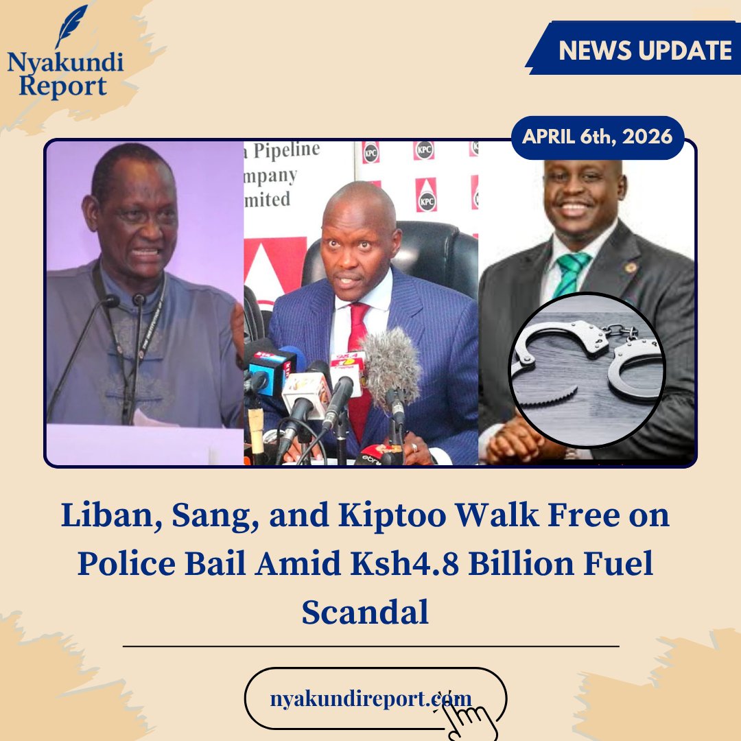 NyakundiReport's tweet photo. Former Petroleum Principal Secretary Mohamed Liban, ex-Kenya Pipeline Company Managing Director Joe Sang, and former Energy and Petroleum Regulatory Authority Director General Daniel Kiptoo have been released from police custody on bail.
The three former government officials walked free on Monday, April 6, pending further investigation and possible arraignment, though it remains uncertain whether prosecutors will pursue formal charges against them.
Their lawyers, who addressed the media on Monday, maintained that the officials committed no wrongdoing in connection with the controversial Ksh4.8 billion fuel importation scandal. The legal team argued that the trio was simply acting on recommendations issued by the National Security Council Committee on March 9.
Documents seen by Nyakundi Report indicate the committee had recommended sourcing emergency fuel from alternative suppliers to shield the country from potential supply disruptions linked to the ongoing Middle East conflict.
