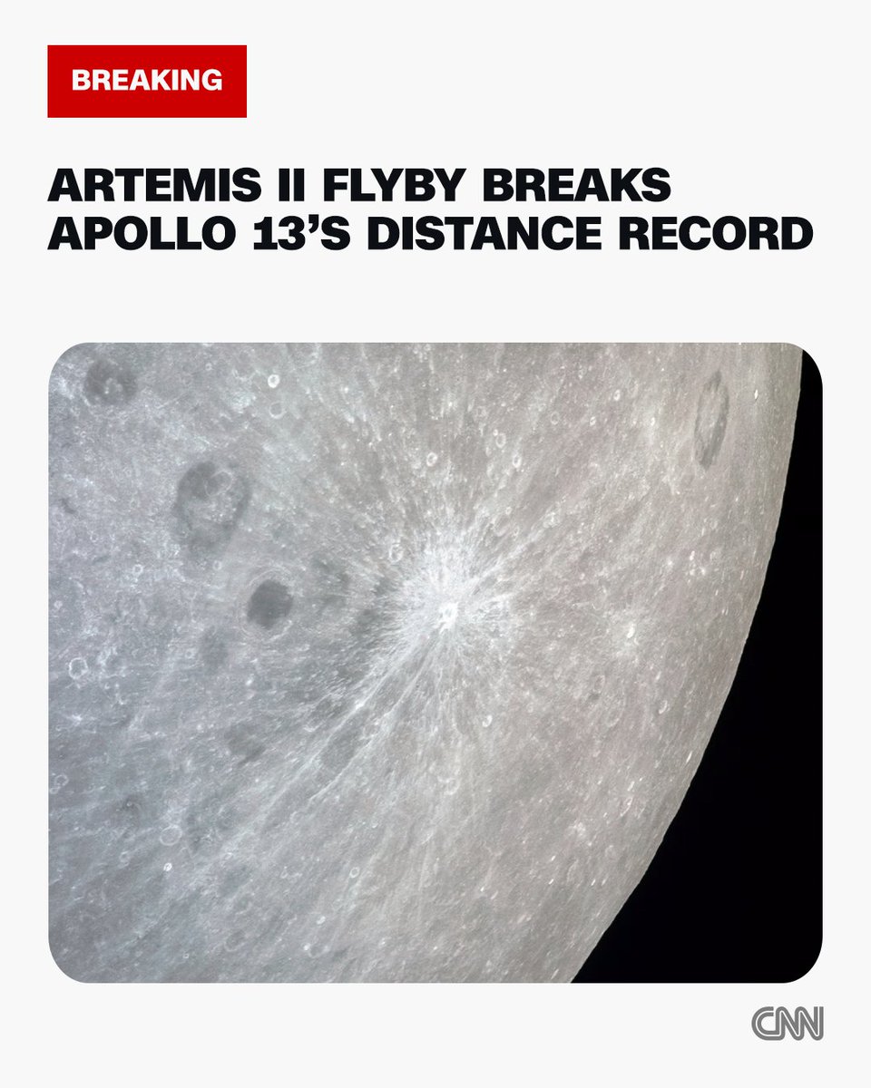 cnni's tweet image. Artemis II astronauts have now traveled farther from Earth than anyone in human history, breaking the record previously set by Apollo 13 cnn.it/3PKPHCH