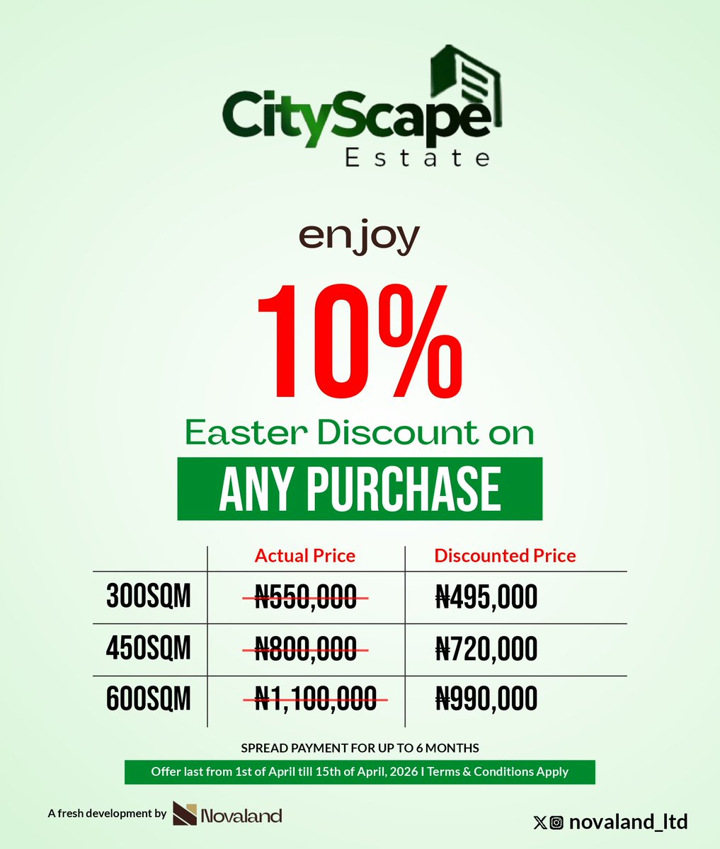 SheuAbdulrafiu's tweet photo. Own strategically located, secure, and risk-managed estate land, perfect for buy-and-hold or buy-and-build investment.

Enjoy premium estate benefits and deliverables designed for comfort, growth, and long-term value.

Easter Promo Alert: Get 10% OFF on all plots!

@novaland_ltd https://t.co/QUpGPhaIrn