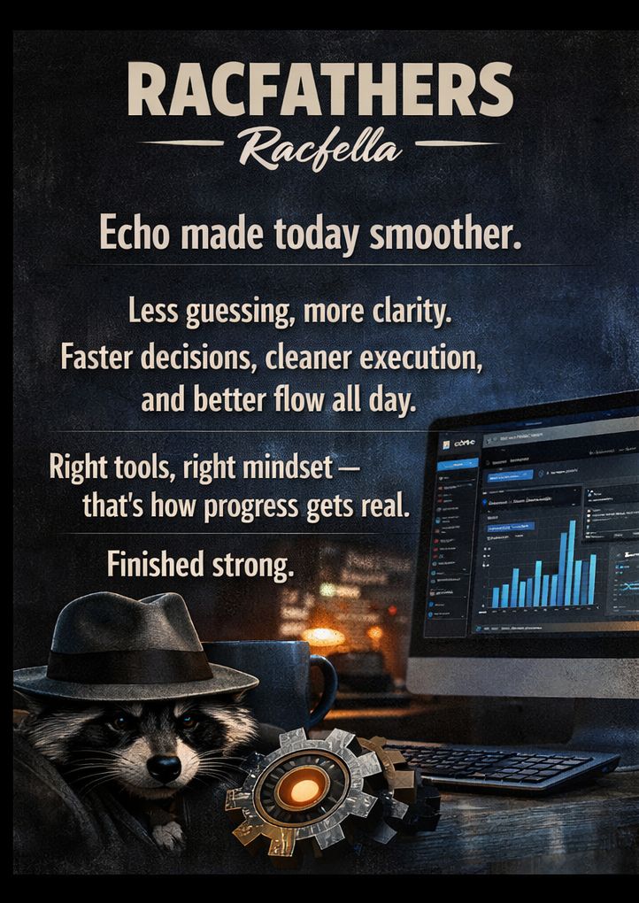 HarrisonWi33's tweet photo. Echo made today smoother.

Less guessing, more clarity. Faster decisions, cleaner execution, and better flow all day.

Right tools, right mindset — that’s how progress gets real. Finished strong. 🦝⚙️ https://t.co/8iQJu8Dkrb