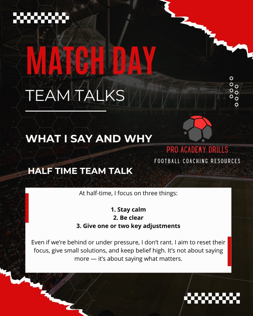 ProAcademyDrill's tweet photo. Half-time focus:
1️⃣ Stay calm
2️⃣ Be clear
3️⃣ 1–2 key adjustments

Clarity over chaos.
#ProAcademyDrills #HalfTimeTalk #MatchDayMindset https://t.co/FUi67cdm3v